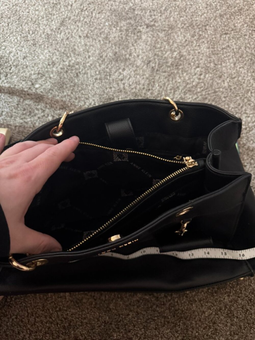 Anne Klein Black Faux Leather Satchel Handbag Gold Chain Detail Tote Bag Repair - Picture 4 of 6